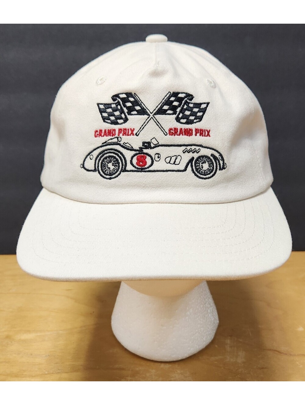 Vintage Grand Prix Auto Racing Embroidered Slideback 5 Panel Hat Cream Cap